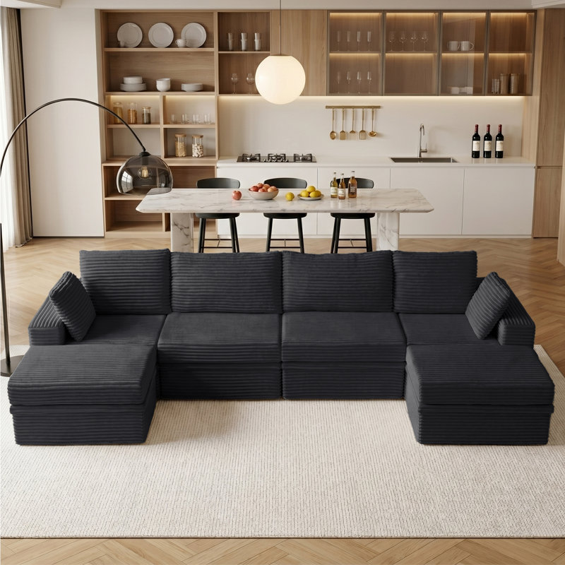 142"W U-Shaped Cloud Modular Sectional Sofa, Minimalist Corduroy Corner Sectional Couch, Extra Deep Seat with 2 Ottomans and Hidden Storage, Easy Mini Assembly, Ideal for Living Room