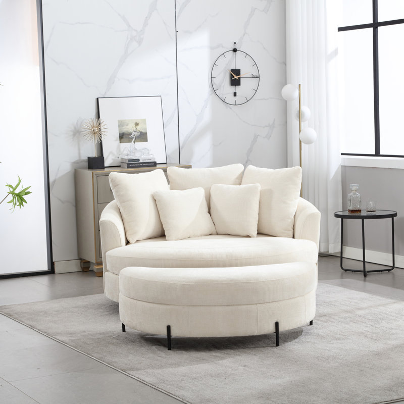 Slipcovered Barrel Chair With Ottoman, Beige Chenille