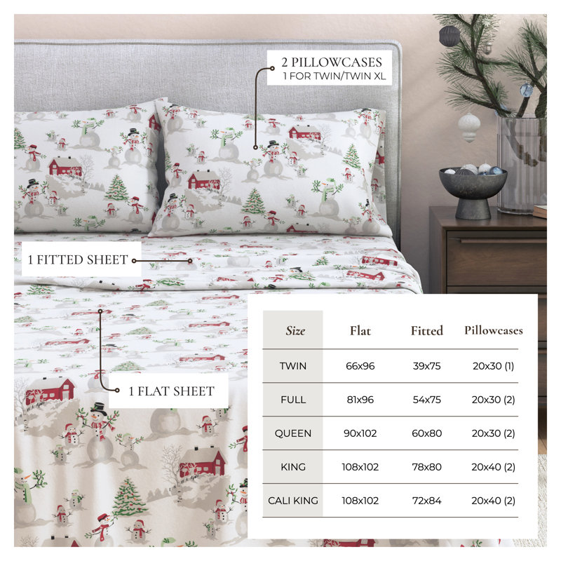 100% Turkish Cotton Flannel Christmas Sheet Sets, Winter Wonderland, King with 2 Pillowcases