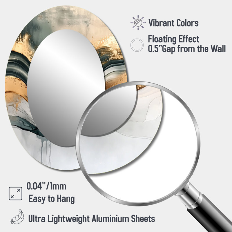 Silent Melody Of Golden Hard Edge Ink II - Gold Modern Oval Wall Mirror, 40" x 30"