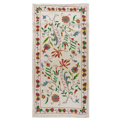 20x39 in Modern 100% Silk Embroidered Suzani Textile Wall Hanging. New Decorative Table Cover with Floral Design