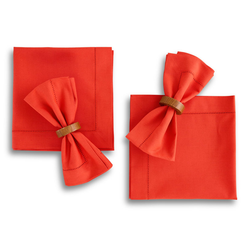 Cotton Linen Hemstitch Dinner Napkins, Poppy Red