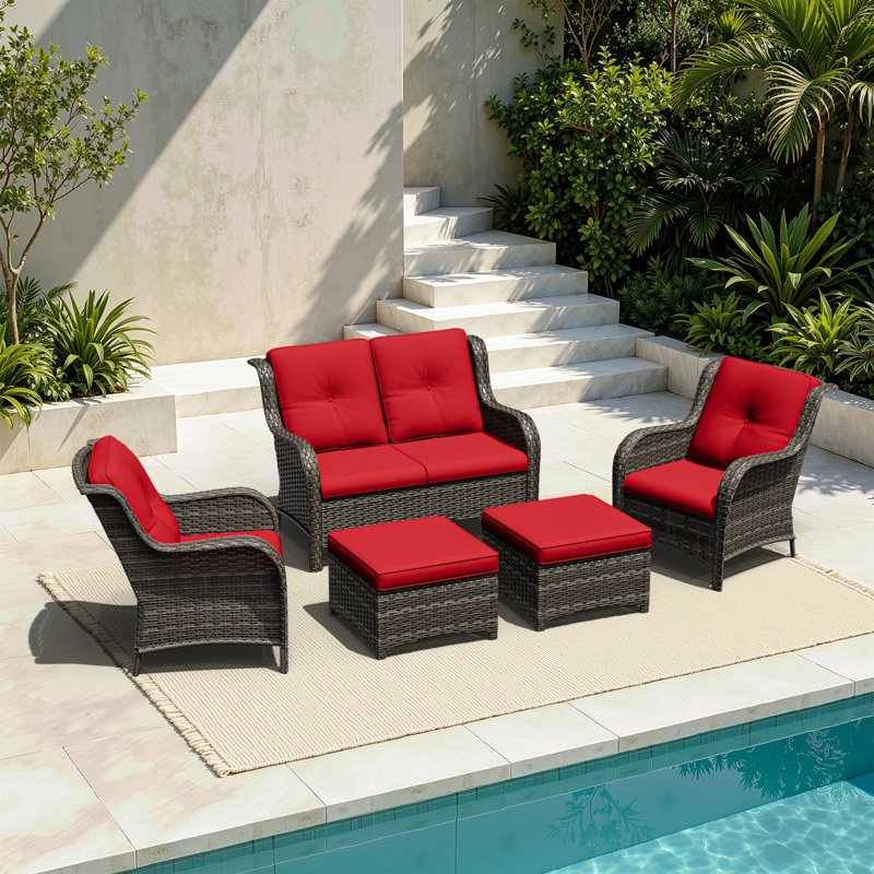 5-Piece All-Weather Wicker Patio Conversation Set With Loveseat, Arm Chairs & Ottomans, Outdoor PE Rattan Furniture With Cushions For Backyard, Porch & Deck
