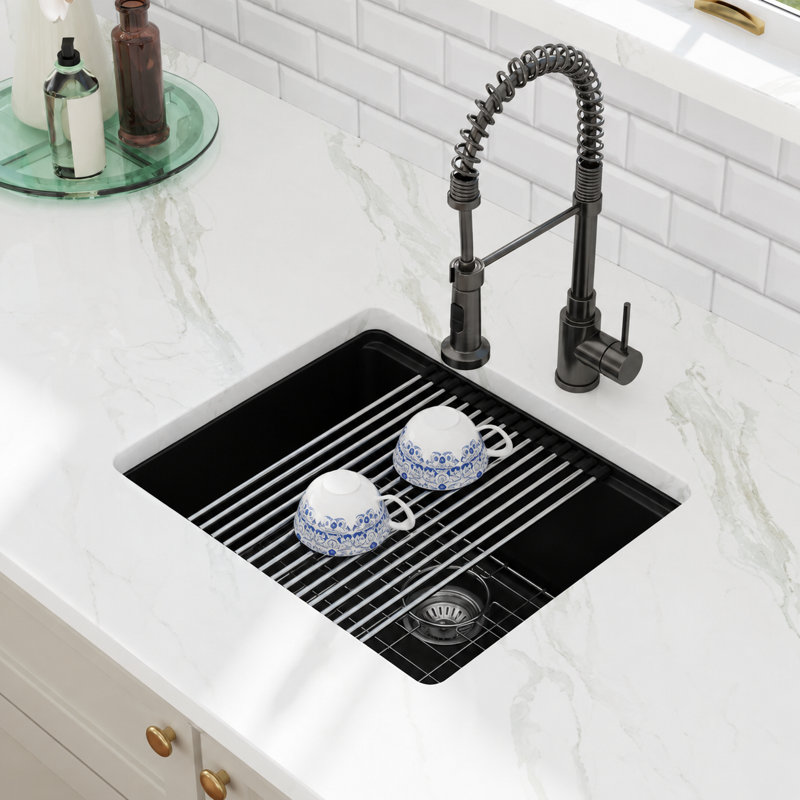 21'' L x 18'' W Quartz Undermount Workstation Kitchen Sink, Matte Black Granite Composite Single Bowl Kitchen Sink with Sink Grid, Strainer, Cutting Board and Roll-up Rack