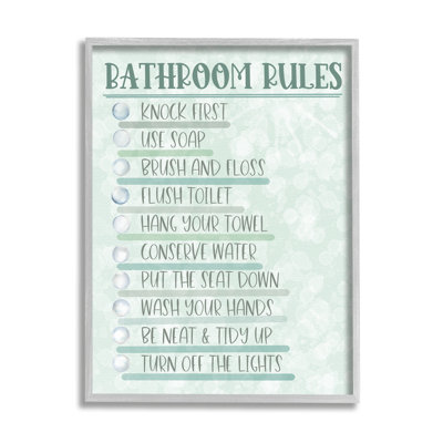 «Bathroom Rules On Green», encadré sur bois par Matthew Piotrowicz, art textuel