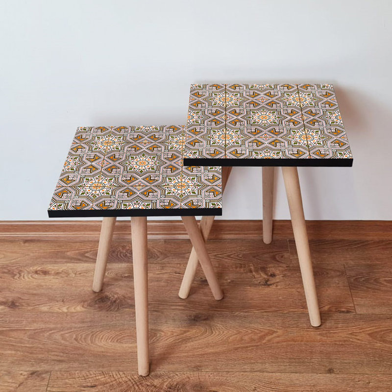 Stylish Nesting Tables (2 Pieces), Ethnic Geometric Design, 13.8 x 18.5 x 13.8 inches & 13.8 x 16.5 x 13.8 inches | 100% MDF with Beech Wood Legs | Perfect for Living Room & Modern Décor, Space-Saving Solution