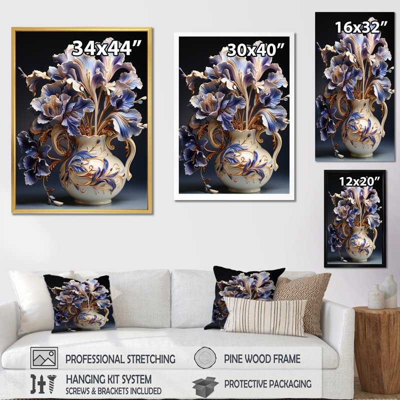Iris ornés de feuilles dorées dans un vase, reproduction d'art sur toile, Toile tendue, H 40 po x l 30 po x P 1,5 po