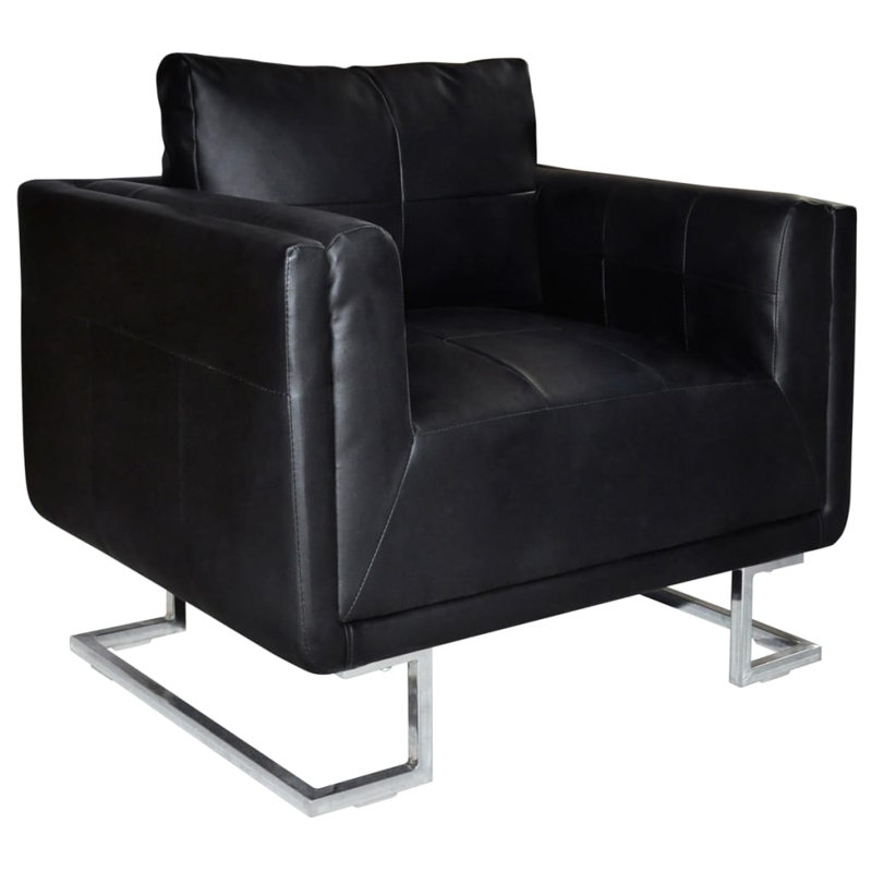 Fauteuil cubique avec pieds en cuir chromé, Similicuir brun