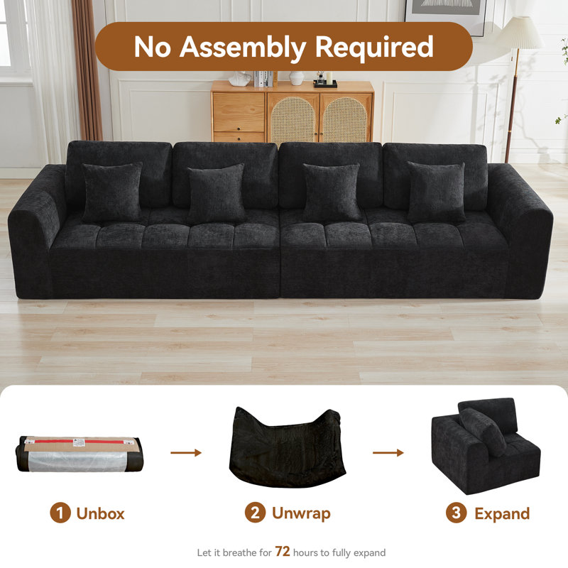 Modular Compressed Sofa with Memory Foam, Oversized Cloud Sectional Couches, No Assembly Required, 4, Black