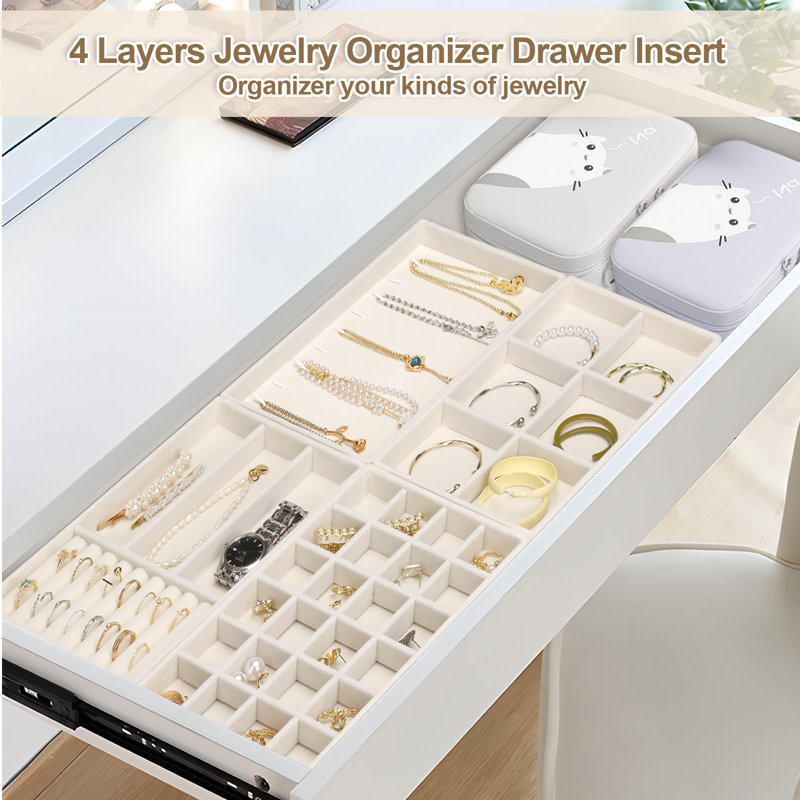 4 Jewellery Organizer Drawer Insert, Stackable Velvet Jewellery Tray Organizer Display Case Storage Containers(Beige)