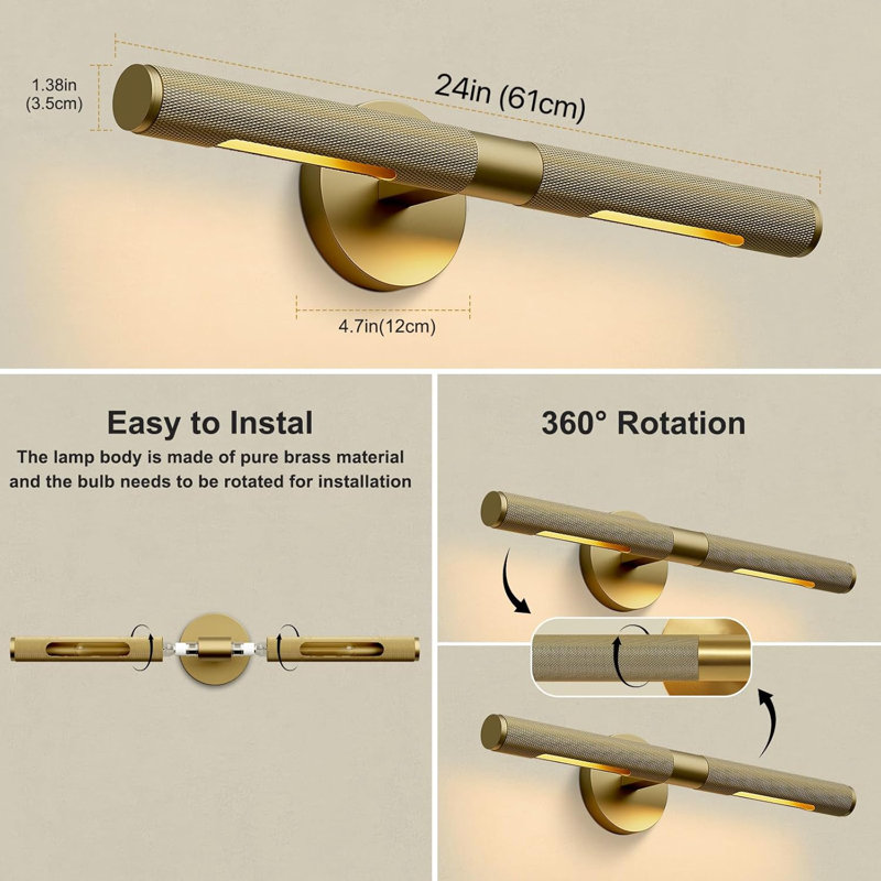 24 In Rotatable 360° Bathroom Vanity Light,Picture Light, Gold