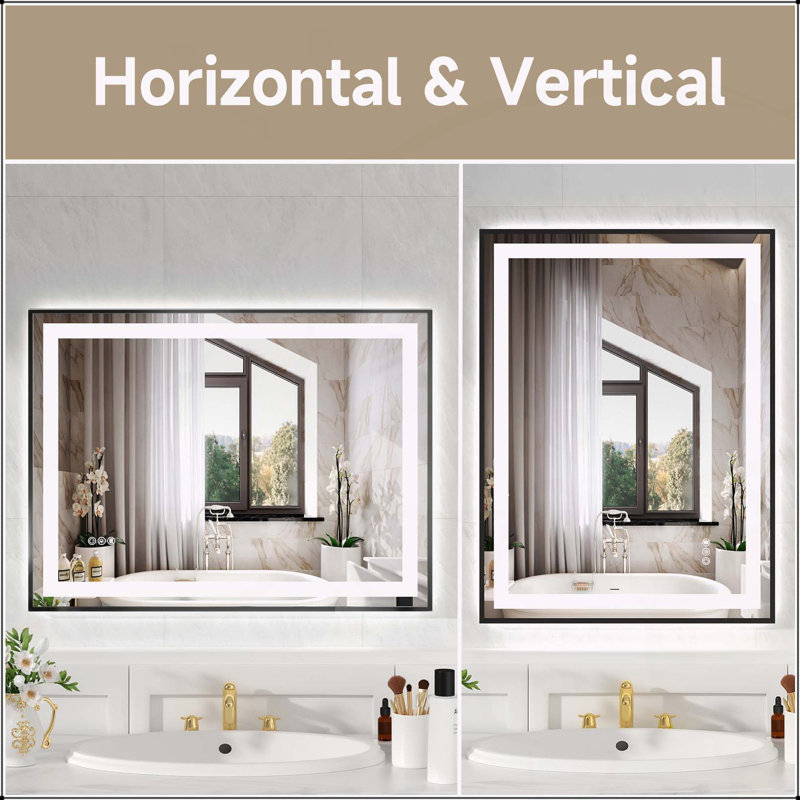 Miroir mural élégant et élégant avec deux bandes lumineuses à DEL pour un éclairage et un attrait esthétiques améliorés.