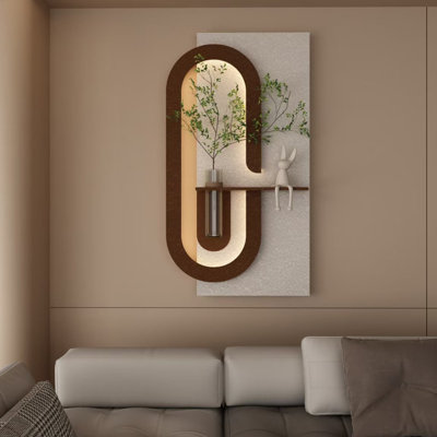 Décoration murale réglable en grès à 3 couleurs DEL avec plantes vertes simulées - sculpture d'art 3D, vase en verre et statue de lapin, bandes lumineuses télécommandées pour le salon, la chambre à coucher, le couloir