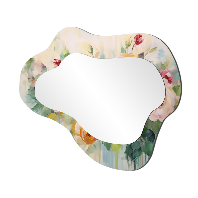 Rose rose jaune pastel bouquet - Roses, miroir décoratif asymétrique, miroir mural nuage rose, impression d'art en métal