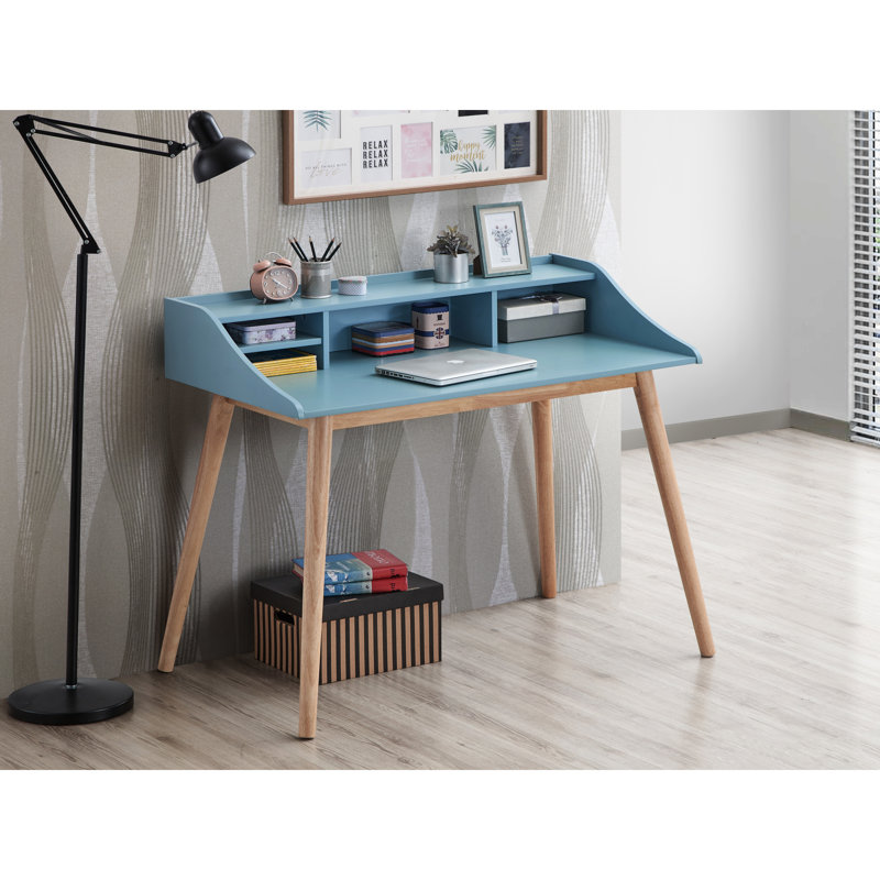 Bureau bleu avec armoire décorative moderne Mid-Century et pieds en bois d'hévéa massif, 4 tablettes, l 43,3 po x P 24,5 po, H 36,8 po