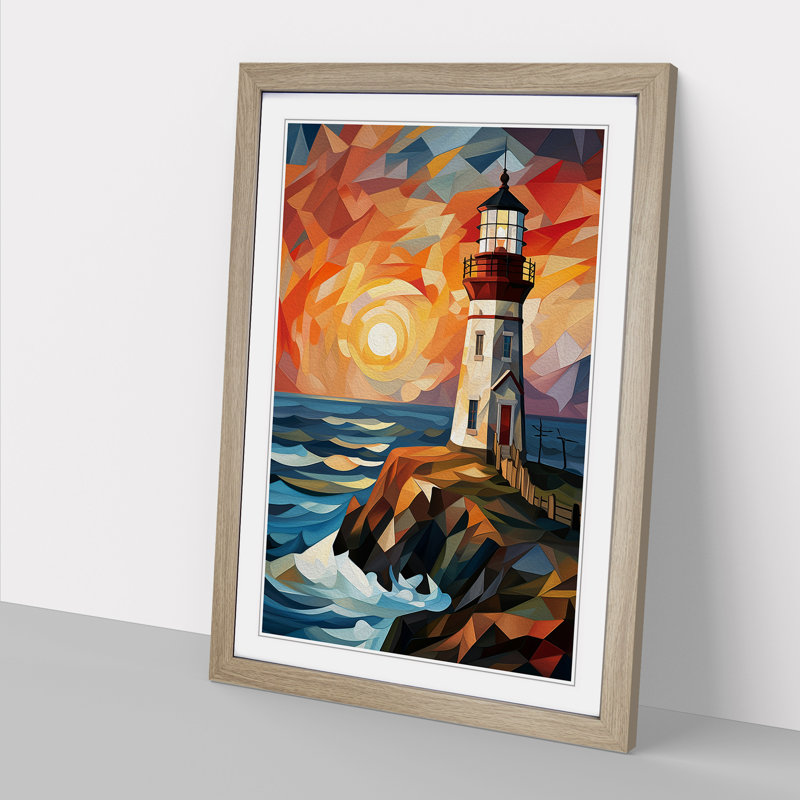 Lighthouse Cubism No.2 - Single Picture Frame Print on Wood, 64cm H x 46cm W x 2cm D, Oak
