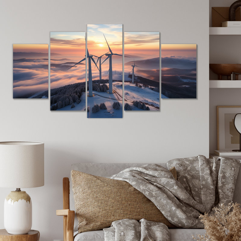 «Sunset Wind Turbines Mountain View IV - Wind Turbines Multipanel», art mural