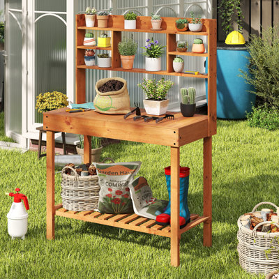  61'' Wooden Potting Bench Table w/3-Tier Open Shelf Flip-up Tabletop for Backyard