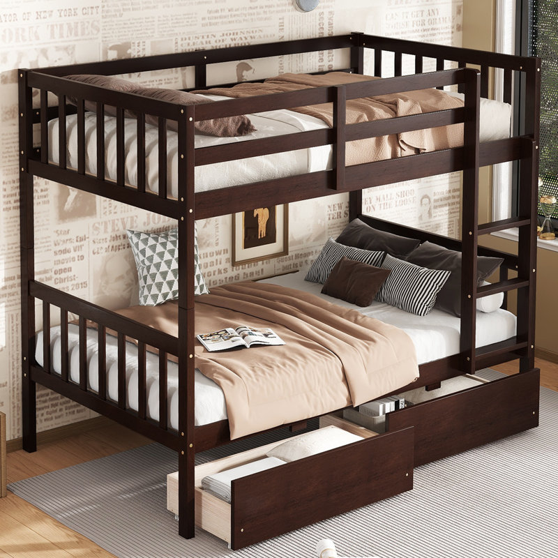 Lit superposé standard simple au-dessus de 2 tiroirs en bois massif, Espresso