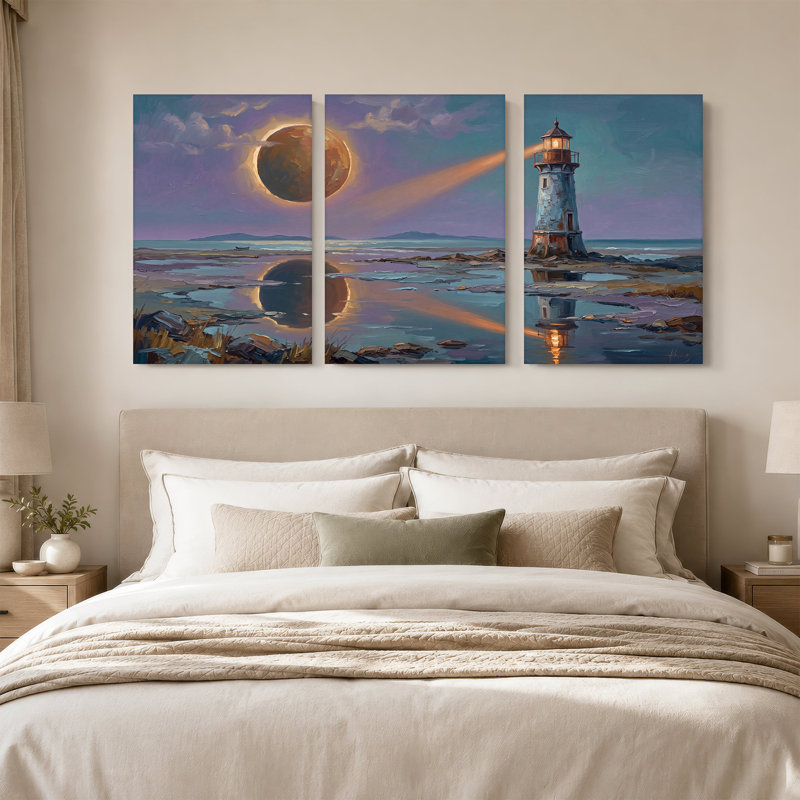 Art mural sur toile, "Phare et lune brillante", H 36 po x l 24 po x 3 pièces