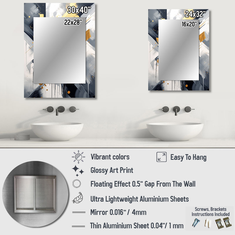 Black and Gold Depth Corner VI - Abstract Shapes Mirror, Modern Unique Wall Mirror, Printed Metal Art, 40" x 30"