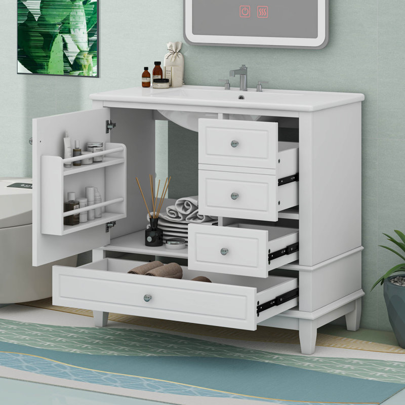 Meuble-lavabo 36 po avec lavabo en céramique, 3 tiroirs et armoire avec tablettes, Blanc