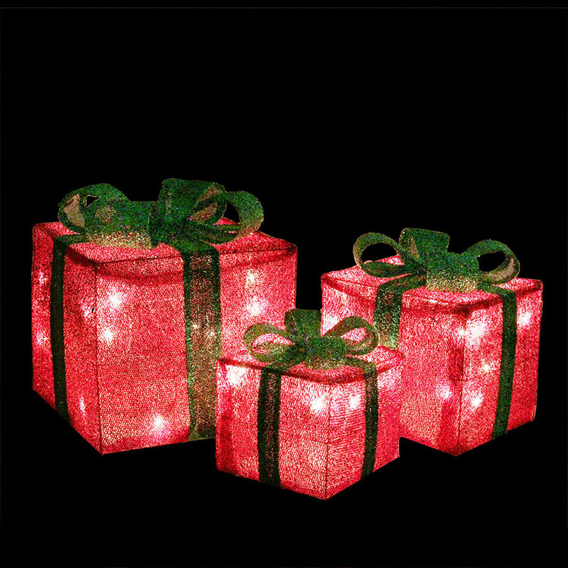 Ensemble de 3 boîtes-cadeaux en forme de guirlandes lumineuses rouges et vertes avec nœuds 10 po