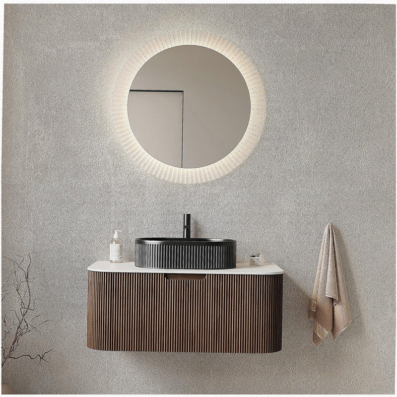 DINA 36" Bathroom Vanity with Sink, Modern Wall-Mounted Curved Edges Striped Bathroom Storage Cabinet with a Drawer, Black Ceramic Vessel Basin, NO Faucet, Pre-assembled, Dark Walnut Woodgrain Color