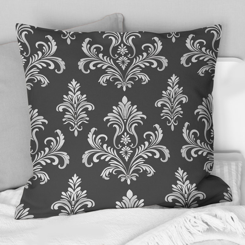 Coussin décoratif gris et blanc à motif damassé II, H 16 po x l 16 po