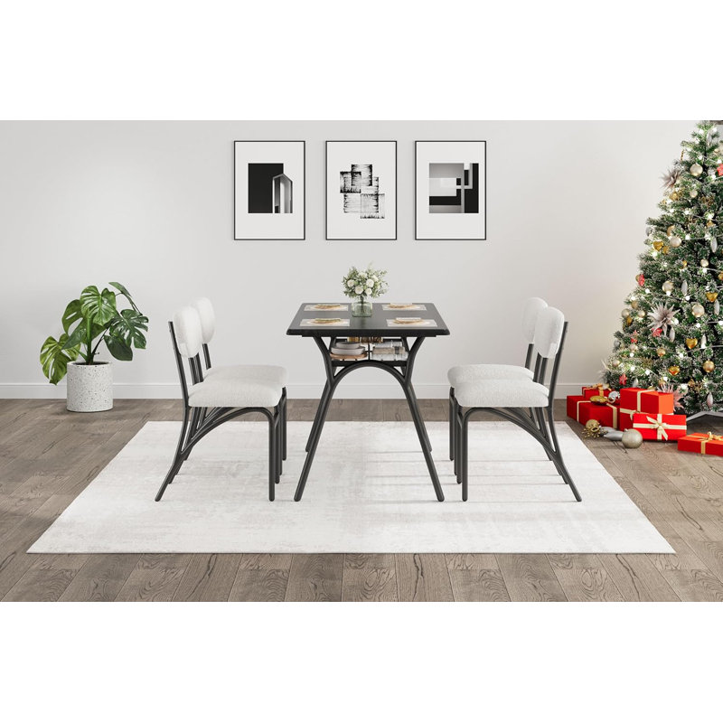 Marble-Look Rectangular Dining Table Set with 4 Boucle Upholstered Chairs – Kitchen & Small Space Dining Set for Apartments