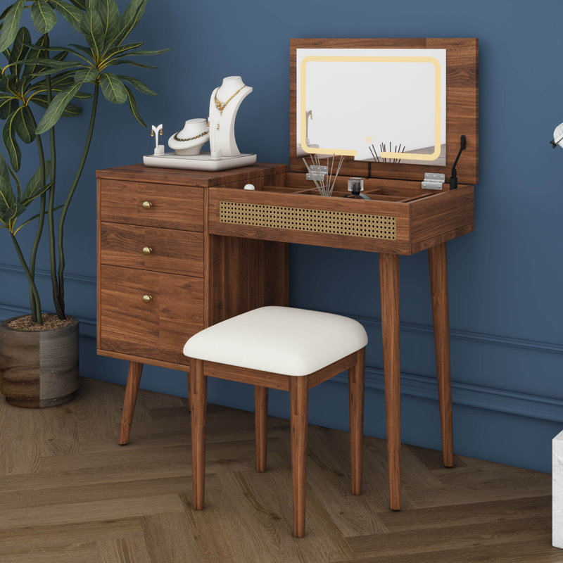 Ensemble de coiffeuse 39 "avec miroir et lumières DEL, coiffeuse avec plateau rabattable, 3 tiroirs, 10 compartiments, ensemble de coiffeuse