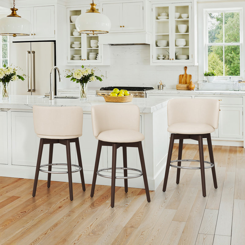 26'' Swivel Bar Stool - Leather, Ivory Faux Leather Seat/Dark Brown Frame