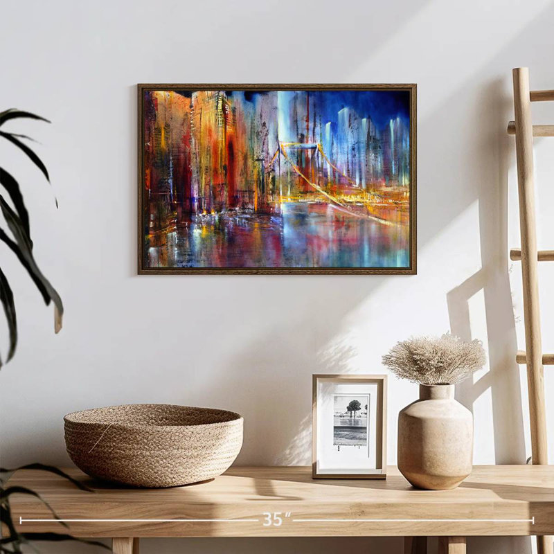 Paysage urbain vibrant, 19 po x 13 po, Cadre flottant noyer