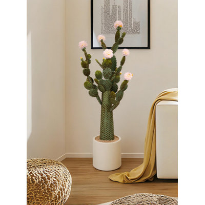 131cm Fuzzy Single-Stem Artificial Peach Cactus with Pink Flowers in White Pot