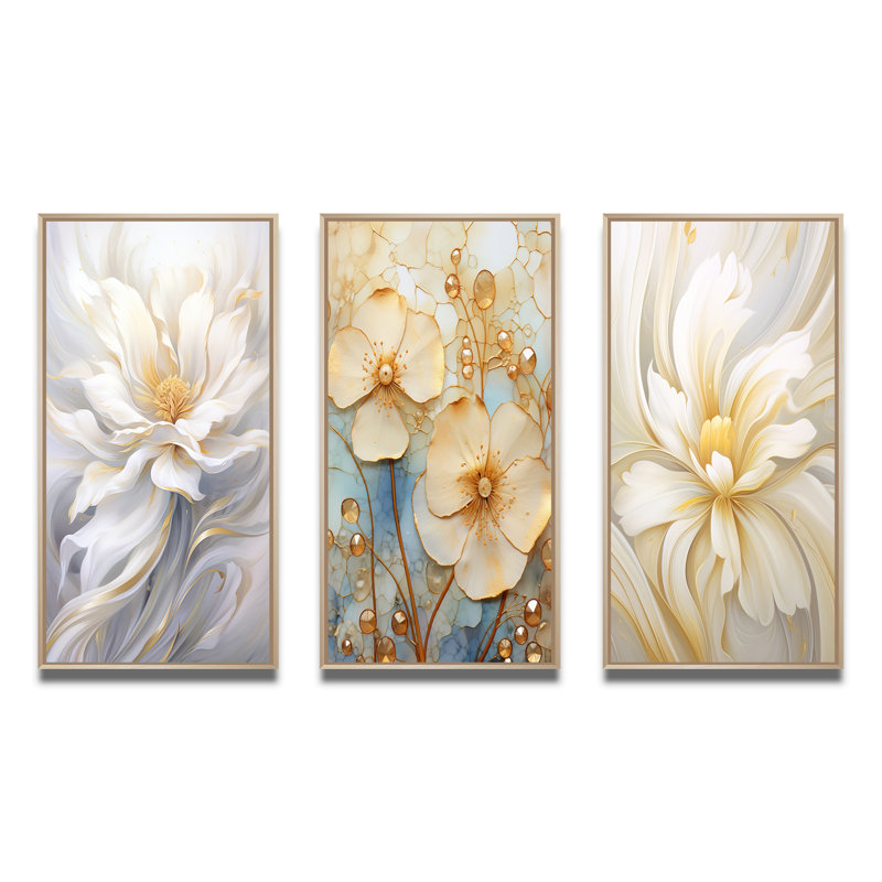 «Dreamy White Digital Spring Flowers», 3 pièces, H 40 po x l 60 po, Cadre naturel flottant