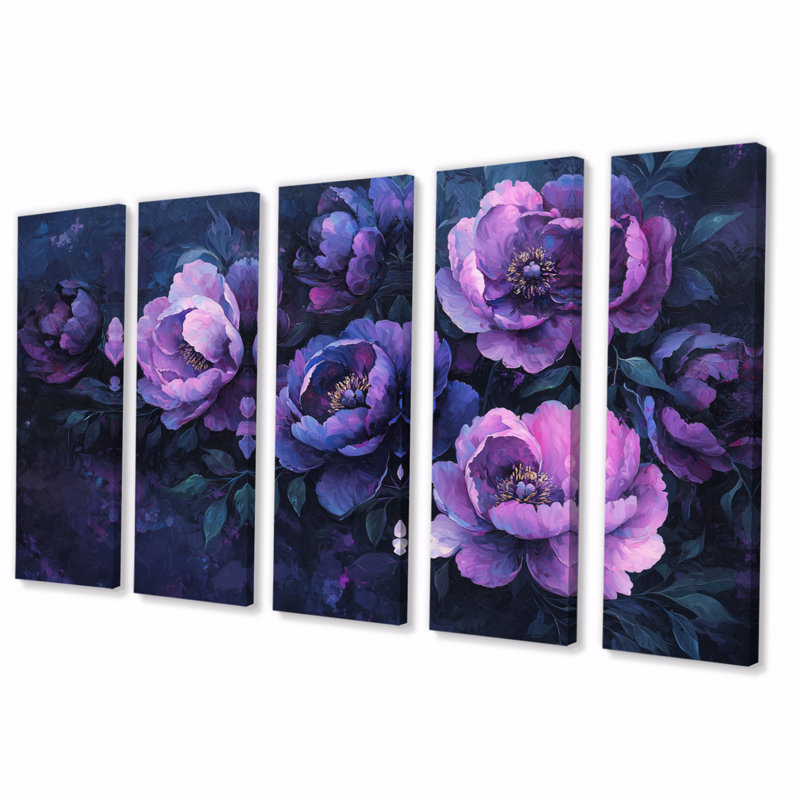 Mauve pivoines minuit Blom III - pivoines Art - ensemble de décoration murale traditionnelle, H 28 po x l 60 po, 5