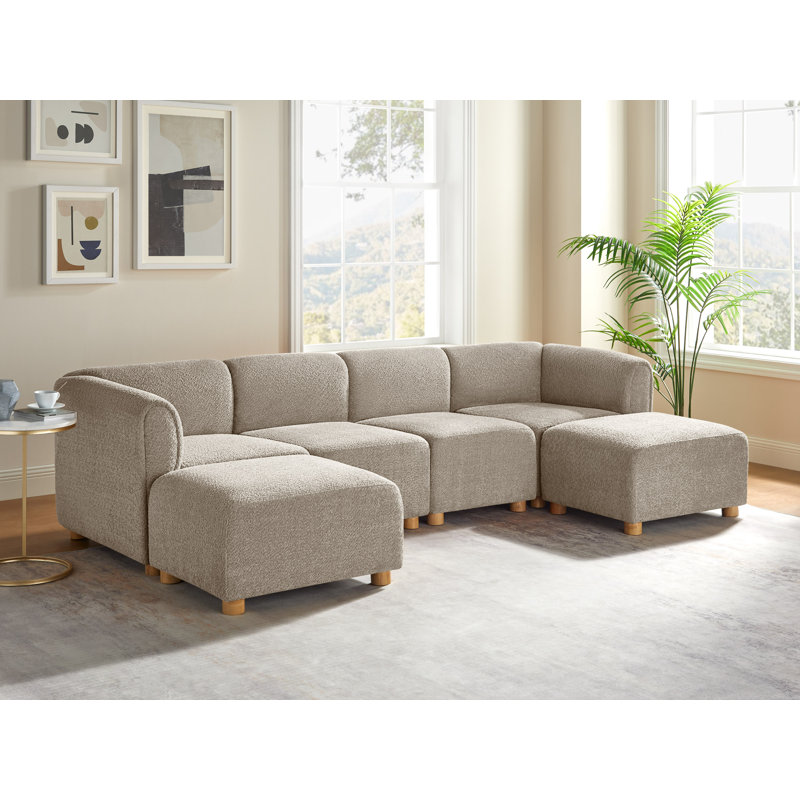 6-Piece U-Shaped Symmetrical Sectional Couch Upholstered Sectional Sofa With Portable Ottomans, Camel Polyester