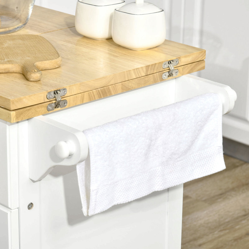 Kitchen Island With Drop Leaf Trolley Cart On Wheels Drawer Cabinet Towel Racks Versatile Use Natural Wood Top And White