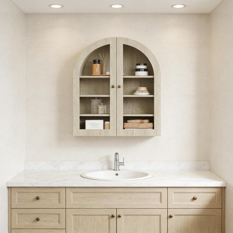 Grande armoire à pharmacie avec portes en verre pour la salle de bain, la cuisine et la salle de lavage, Naturel