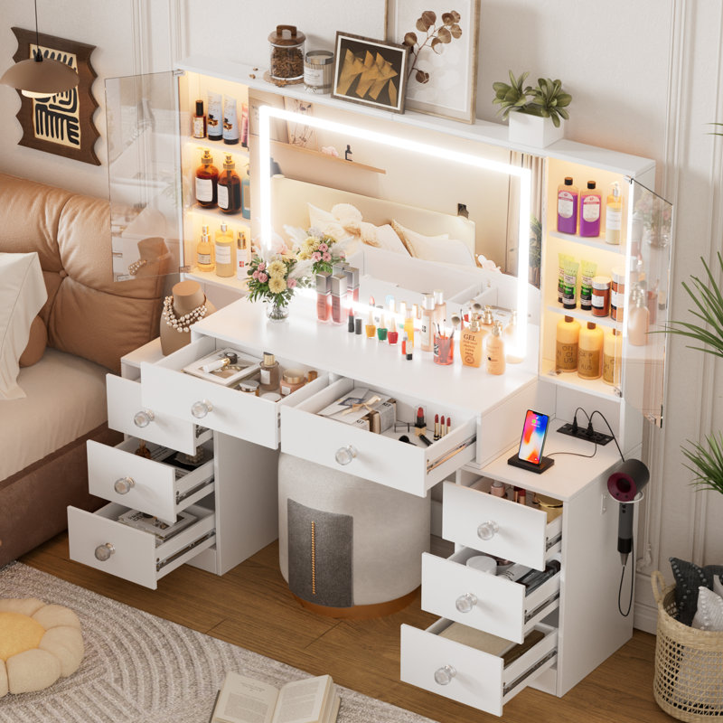 Casanookk Makeup Vanity With Large Mirror,vanity Desk With Led Lights And Power Sockets,3 Adjustable Lighting Modes,8 Drawers And 2 Rgb Cabinets,suitable For Bedrooms, White