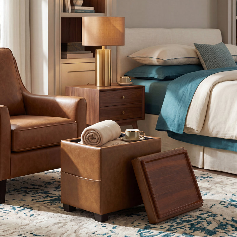 15.5"  Rectangle Faux Leather Storage Ottoman Bench, Brown