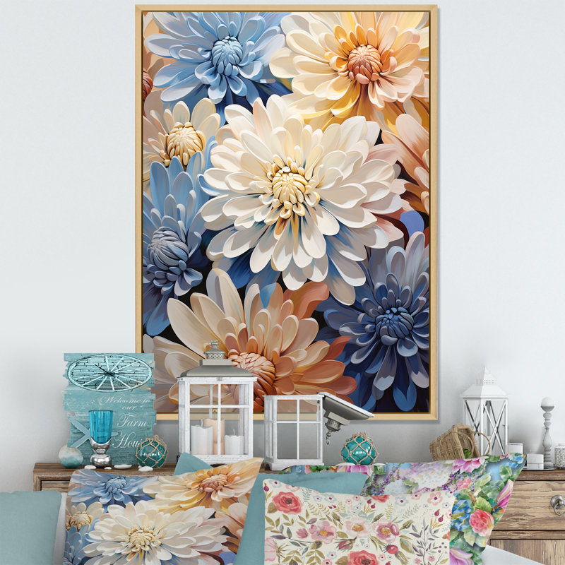 «Garden Bliss Mums» en blanc et bleu sur toile, Cadre naturel flottant, H 32 po x l 16 po x P 1 po