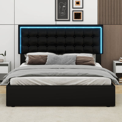 Bouillet Queen Size Tufted Upholstered Platform Bed With Hydraulic Storage System And LED Lights -  Ebern Designs, 505026E7FFF54A88B5A6E540EF13DC28