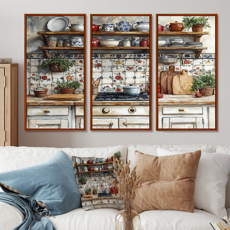 «Gray Country Kitchen Rustic Charm II», ensemble d'art mural, Toile avec cadre flottant brun, H 32 po x l 48 po x P 1 po