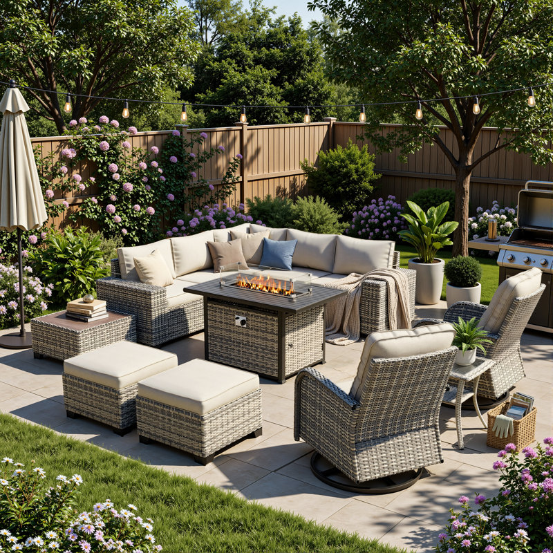 12-Piece Outdoor Modular Sectional Patio Conversation Set With Fire Pit Table, Swivel Rocker Chairs & Ottomans, Beige
