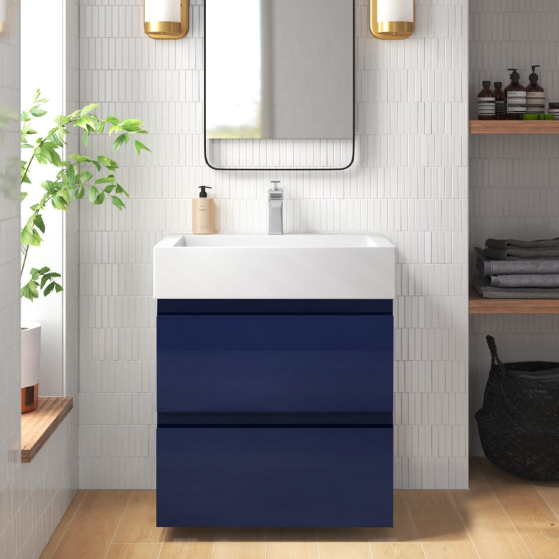 Ensemble de meuble-lavabo mural simple 24 po Babajide, Bleu nuit ultrabrillant
