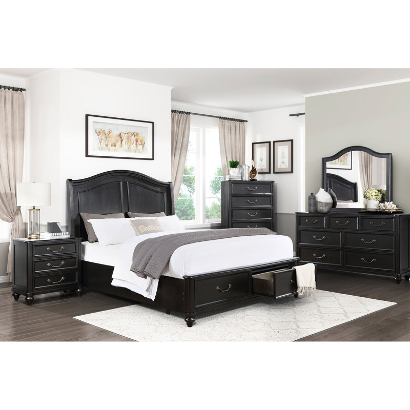 Grand lit plateforme traditionnel avec rangement de tiroir, brun anthracite brunâtre, tablette classique