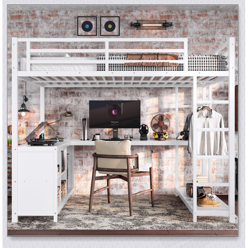 Lit mezzanine en métal avec garde-robe, bureau en forme de L et cubes de rangement pour des espaces de vie et d'étude polyvalents