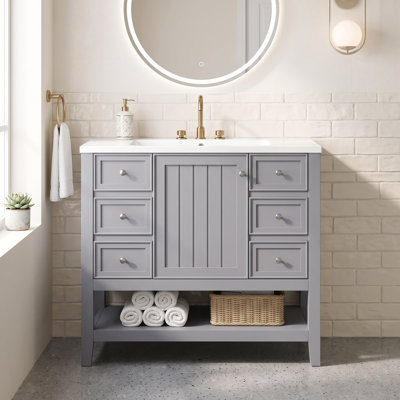 36 Inch Gray Freestanding Multifunctional Bathroom Vanity, Solid Wood & MDF Construction,Integrated  Ceramic Single Sink with Complete Hardware Accessories