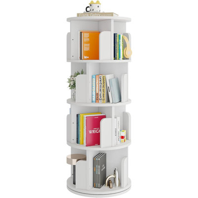 Bibliothèque sur pied pivotante à 360 degrés à 4 niveaux - Étagère en bois étroite pour la chambre à coucher, le salon ou les petits coins - Blanc